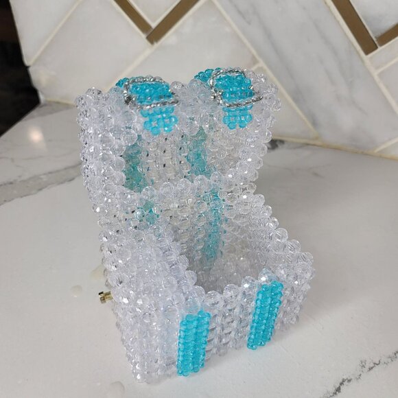 Handcrafted Beaded musical Jewelry trinket Box With Clear & Turquoise Beads - Picture 7 of 11